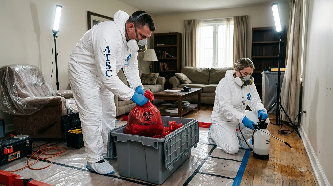 Professional Hoarding Cleanup technician in full PPE working in Rochester